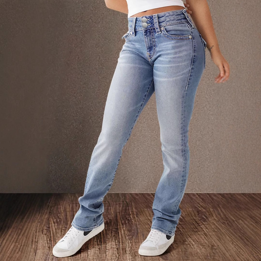 Damen High-Waist Slim Fit Jeans mit elegantem Knopfdetail EB