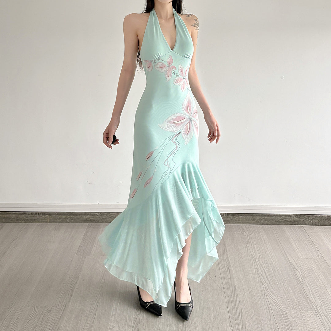 Damen Elegantes Maxikleid mit floralem Design und asymmetrischem Saum EB