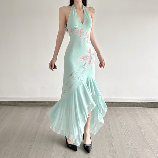 Damen Elegantes Maxikleid mit floralem Design und asymmetrischem Saum EB