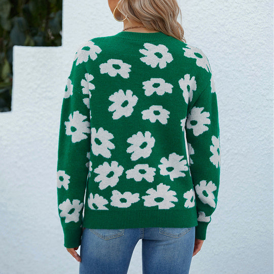 Damen Strickpullover mit floralem Muster und lockerem Schnitt EB