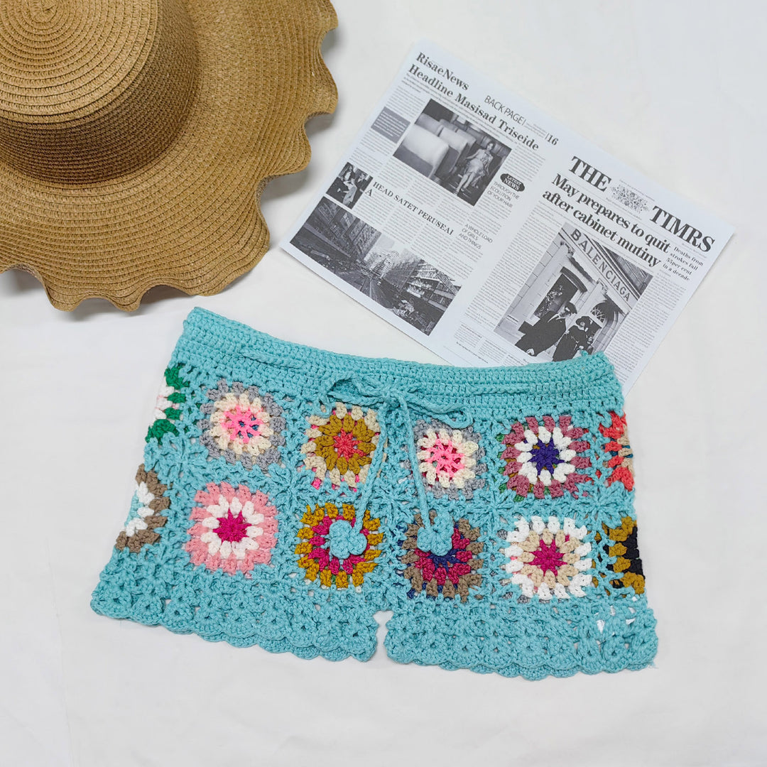 Damen Häkelshorts mit buntem Granny-Quadrat-Muster EB