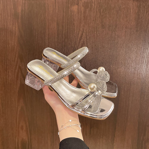 Damen Glamouröse Sandalen mit funkelnden Applikationen und transparentem Blockabsatz EB