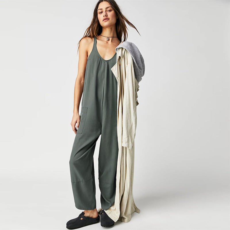 Damen Lässiger Jumpsuit mit weitem Bein und seitlichen Taschen EB
