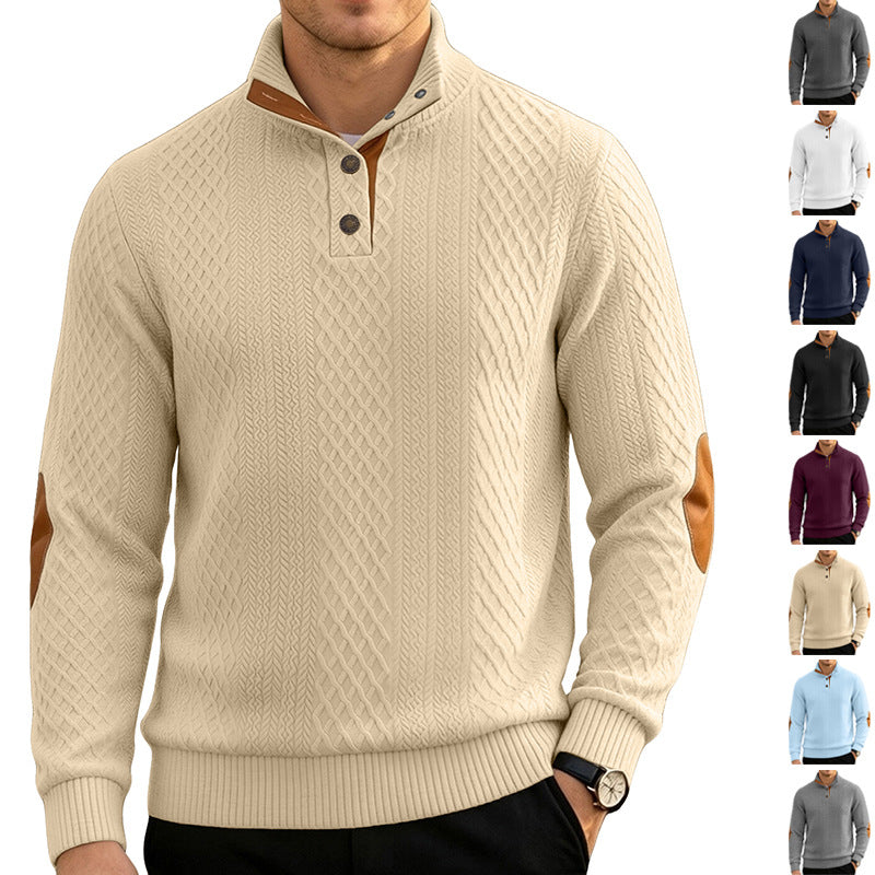 Herren Kabelstrick Troyer Pullover mit Stehkragen und Lederoptik-Ellbogen-Patches EB