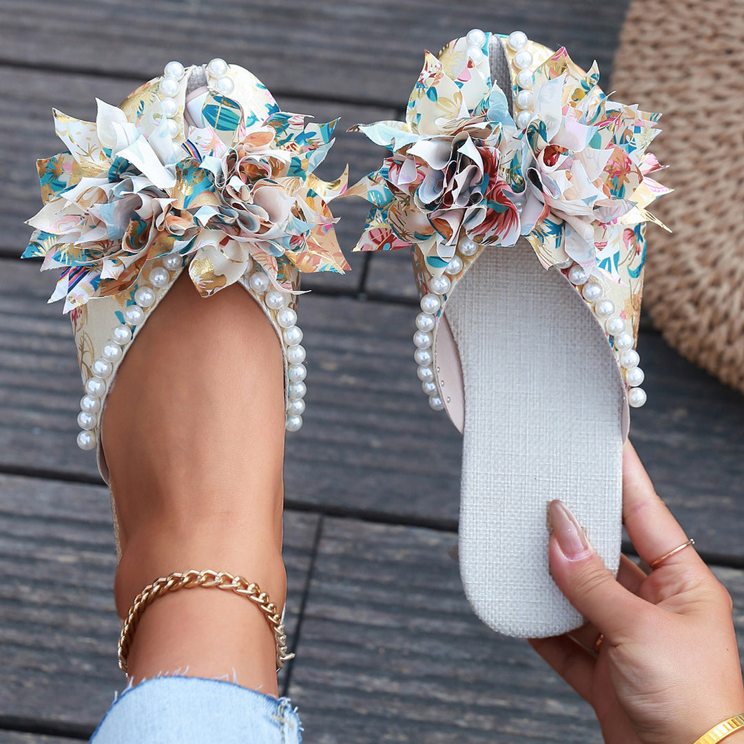 Damen Pantoletten mit floralem Design und eleganten Perlen EB