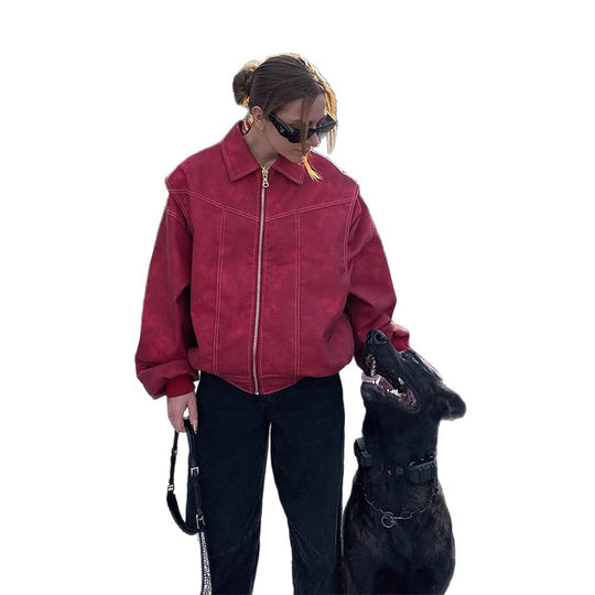 Damen Kunstlederjacke mit voluminösen Ärmeln und hohem Kragen EB