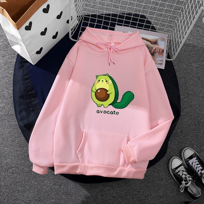 Damen nan Oversize-Fleecehoodie mit weichem Innenfutter, Kängurutasche und Avocato-Cartoonmotiv EB