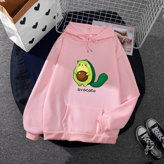 Damen nan Oversize-Fleecehoodie mit weichem Innenfutter, Kängurutasche und Avocato-Cartoonmotiv EB