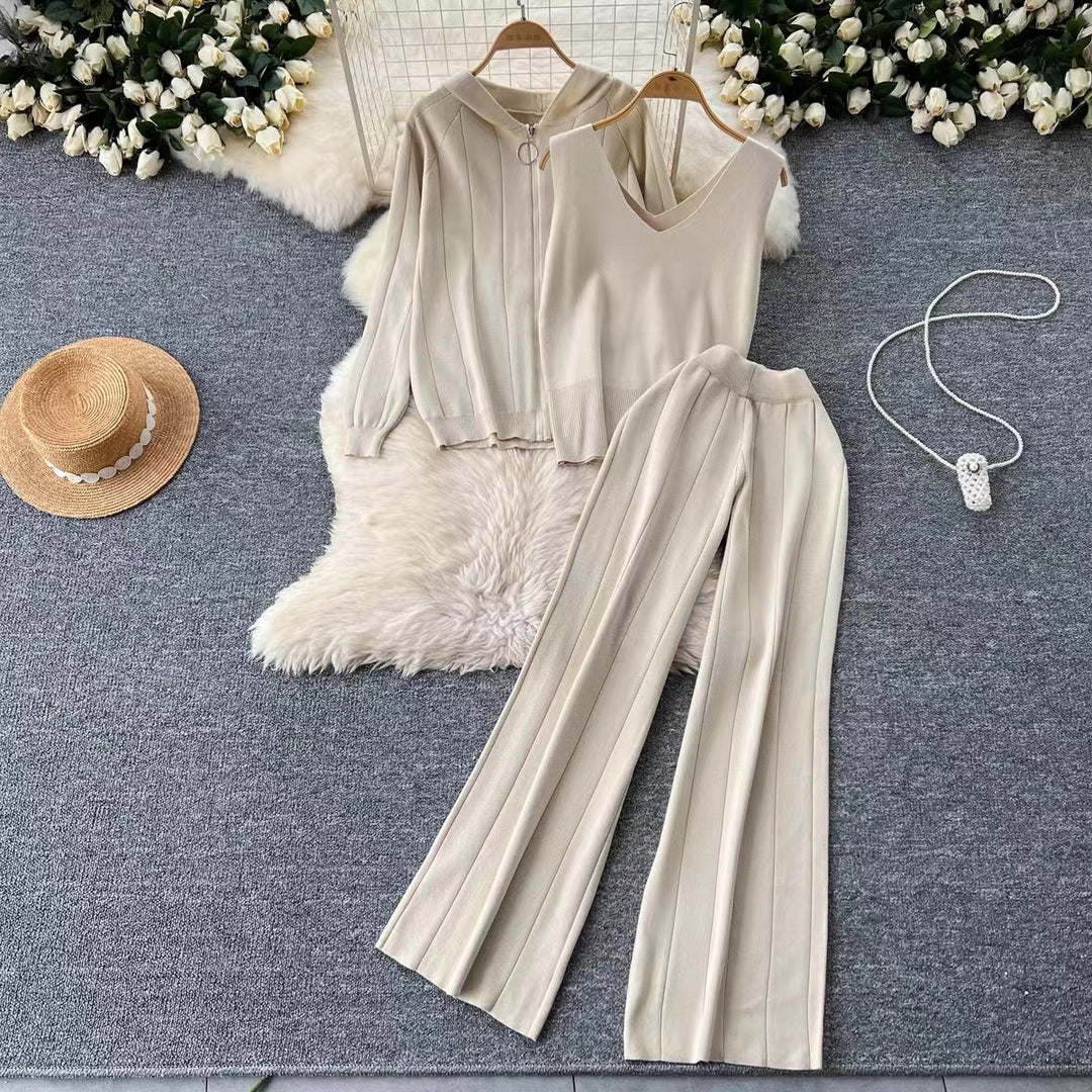 Damen modisches Strick-Loungewear-Set mit V-Ausschnitt und Kapuze EB