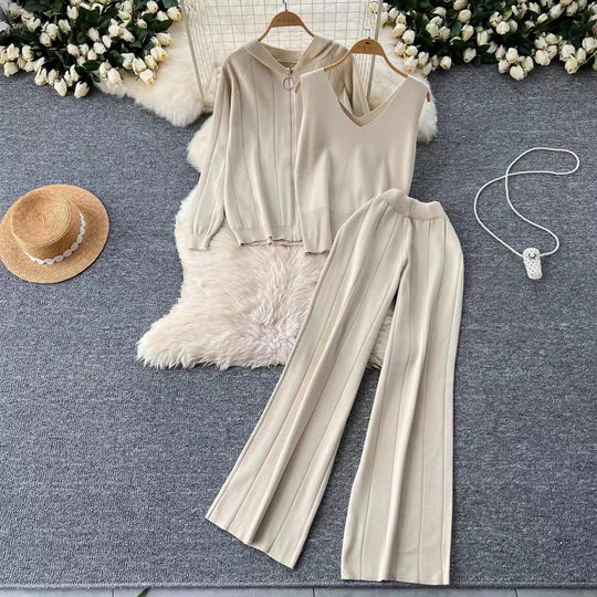 Damen modisches Strick-Loungewear-Set mit V-Ausschnitt und Kapuze EB