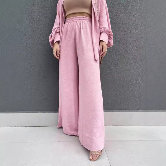 Damen Lässiges Zweiteiliges Set aus luftiger Bluse und weit geschnittenen Hosen EB