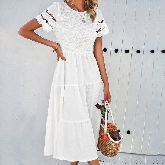 Damen Midikleid mit Puffärmeln und Elastischem Oberteil EB