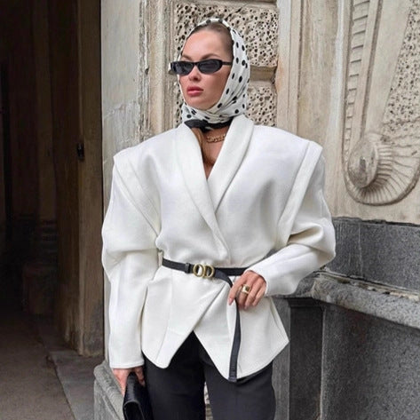 Damen Modischer Oversized-Wollmantel mit tailliertem Design und Gürtel EB