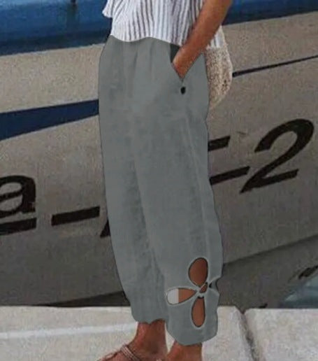 Damen nan knöchellange Culottehose mit elastischem Bund, Eingrifftaschen und floraler Saumaussparung EB