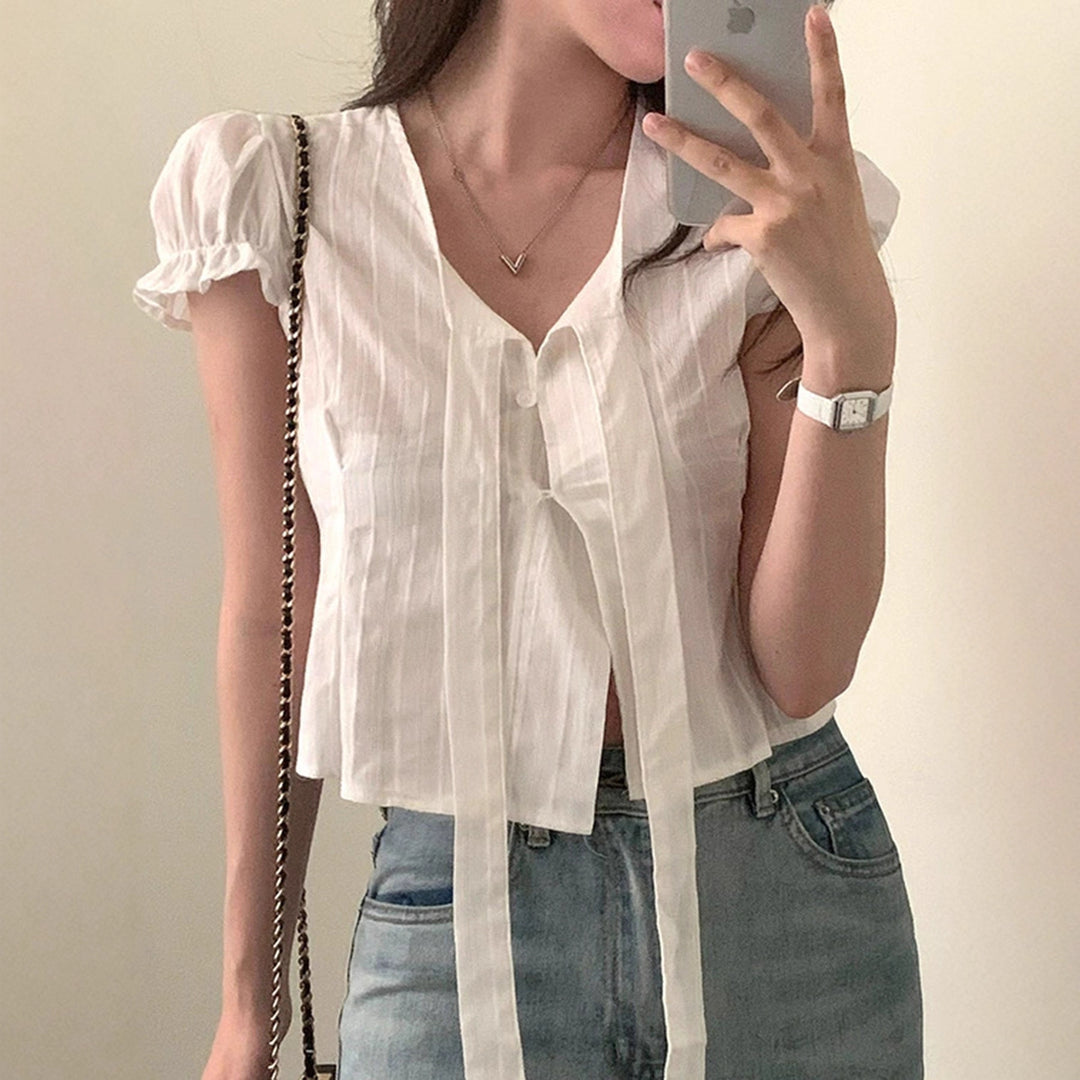 Damen kurzarm bluse mit dekorativen bindebändern EB