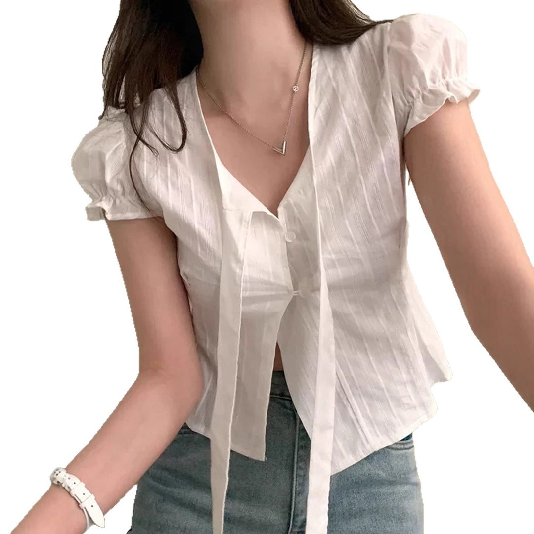 Damen kurzarm bluse mit dekorativen bindebändern EB