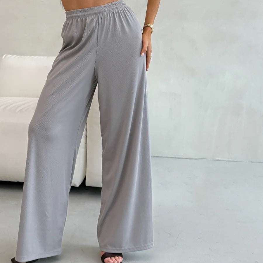 Damen weite High-Waist Palazzo-Hose aus geripptem Jersey mit elastischem Bund EB