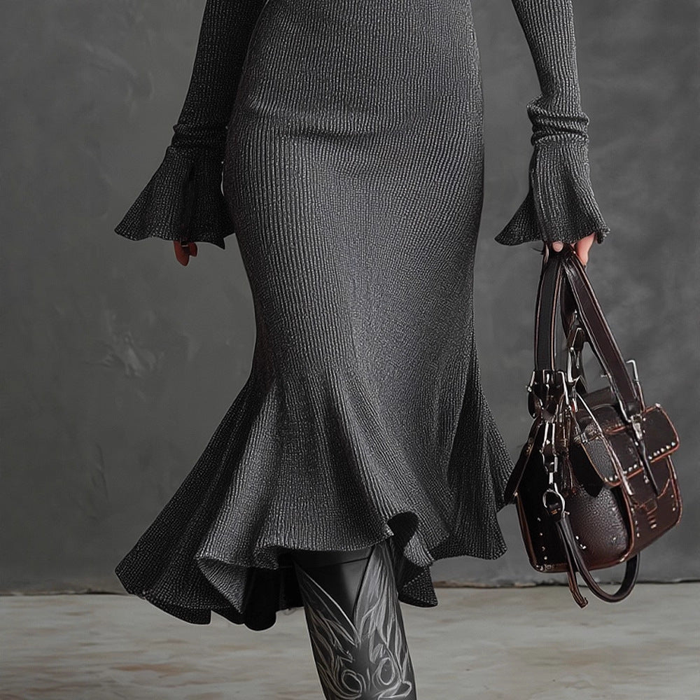 Damen Strickkleid mit elegantem Stehkragen und Reißverschluss EB