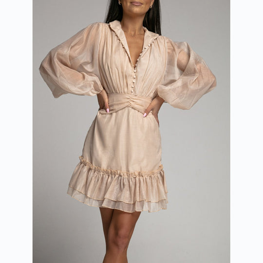 Damen Minikleid mit voluminösen Ärmeln und raffiniertem Rüschendesign EB