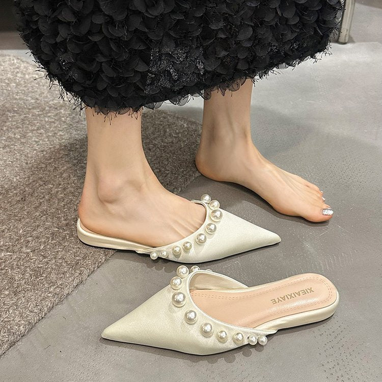 Damen Spitzen-Mules mit glänzenden Perlenverzierungen EB