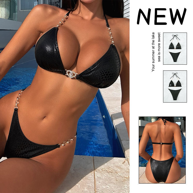 Damen Triangel-Bikini mit elegantem Schlangenprint und goldenen Akzenten EB