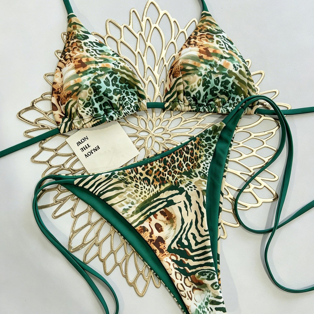 Damen Triangel Bikini mit animalischem Muster und verstellbaren Bändern EB