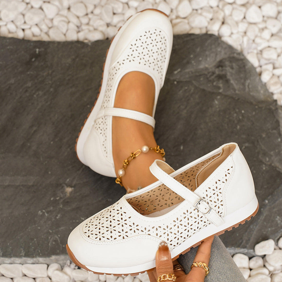 Damen Ballerina-Schuhe mit atmungsaktivem Lochmuster und verstellbarem Riemen EB