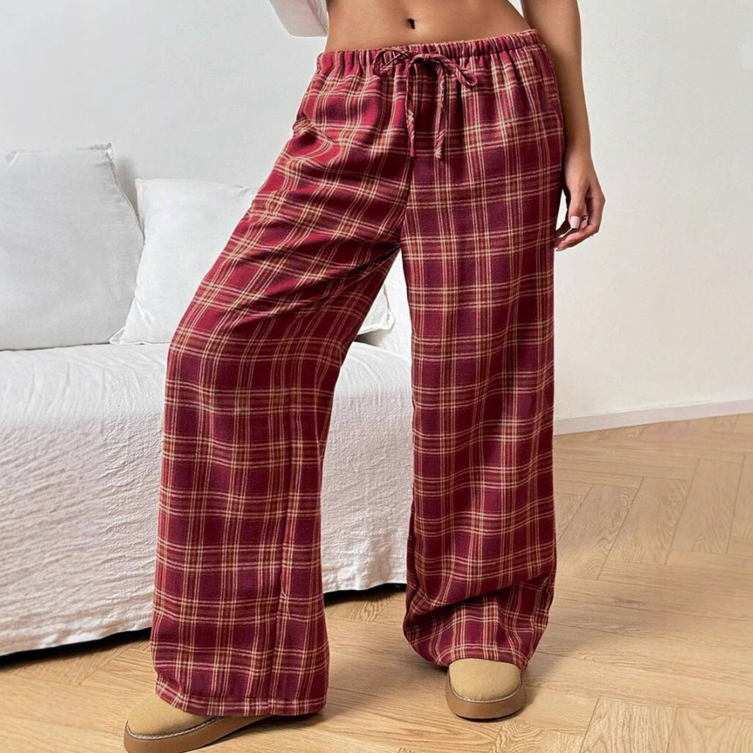 Damen Weite Karohose mit elastischem Bund und seitlichen Taschen EB