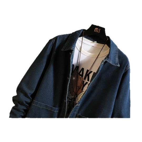 Herren nan langer Overshirt Mantel aus Denim mit Druckknopfleiste und aufgesetzten Taschen EB