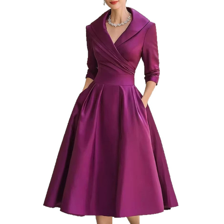 Damen nan elegantes Midikleid mit Wickeloberteil, Dreiviertelärmeln und Eingrifftaschen EB