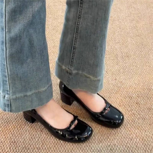 Damen Ballerinas mit komfortablem Blockabsatz und floraler Schnallenverzierung EB
