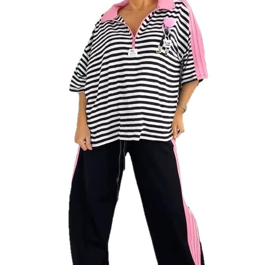 Damen nan lässiges zweiteiliges Polo-Lounge-Set mit Oversize-Streifen, Pompom-Applikation und kontrastierenden Seitenbahnen EB