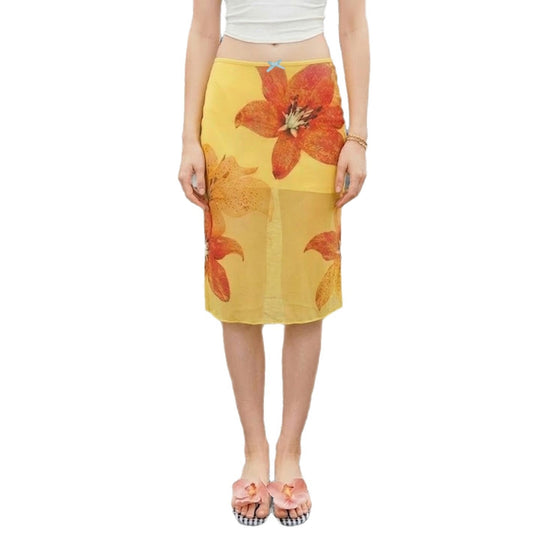 Damen Midi-Rock mit floralem Chiffon und elastischem Bund EB