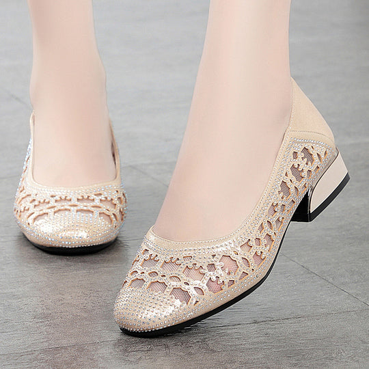 Damen Elegante Ballerinas mit funkelnder Strassverzierung und luftiger Lochoptik EB
