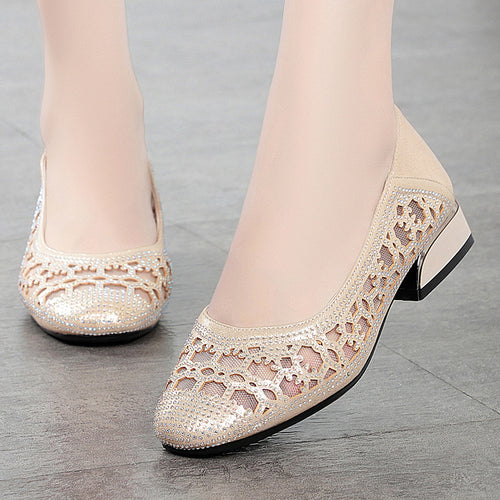 Damen Elegante Ballerinas mit funkelnder Strassverzierung und luftiger Lochoptik EB