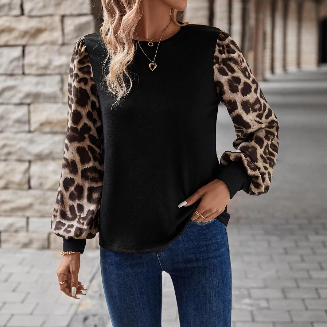 Damen Sweatshirt mit modischen Leopardenärmeln EB