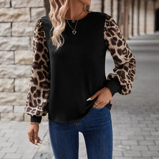 Damen Sweatshirt mit modischen Leopardenärmeln EB