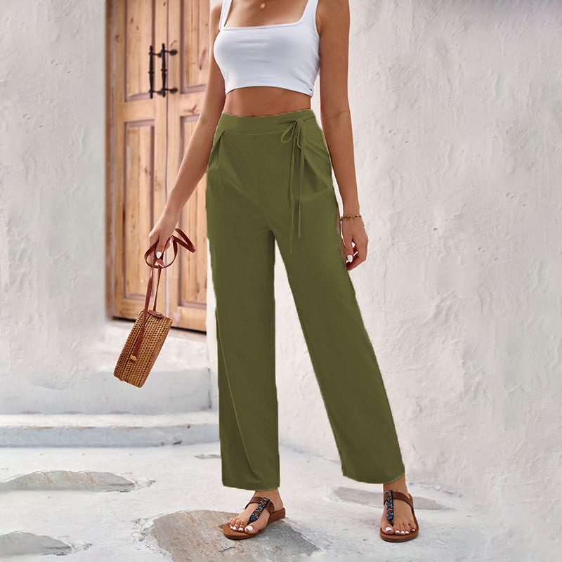 Damen Weitgeschnittene Sommerhose mit elastischem Bund und bindbarem Gürtel EB