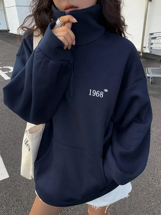 Damen nan oversized Halbzip-Sweatshirt mit hohem Stehkragen, Kängurutasche und lässigem Oversize-Schnitt EB