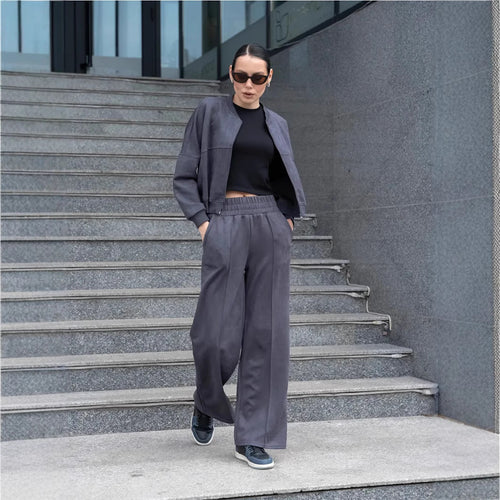 Damen Lässiges Sweatjacken- und Hose-Set mit elastischem Bund EB