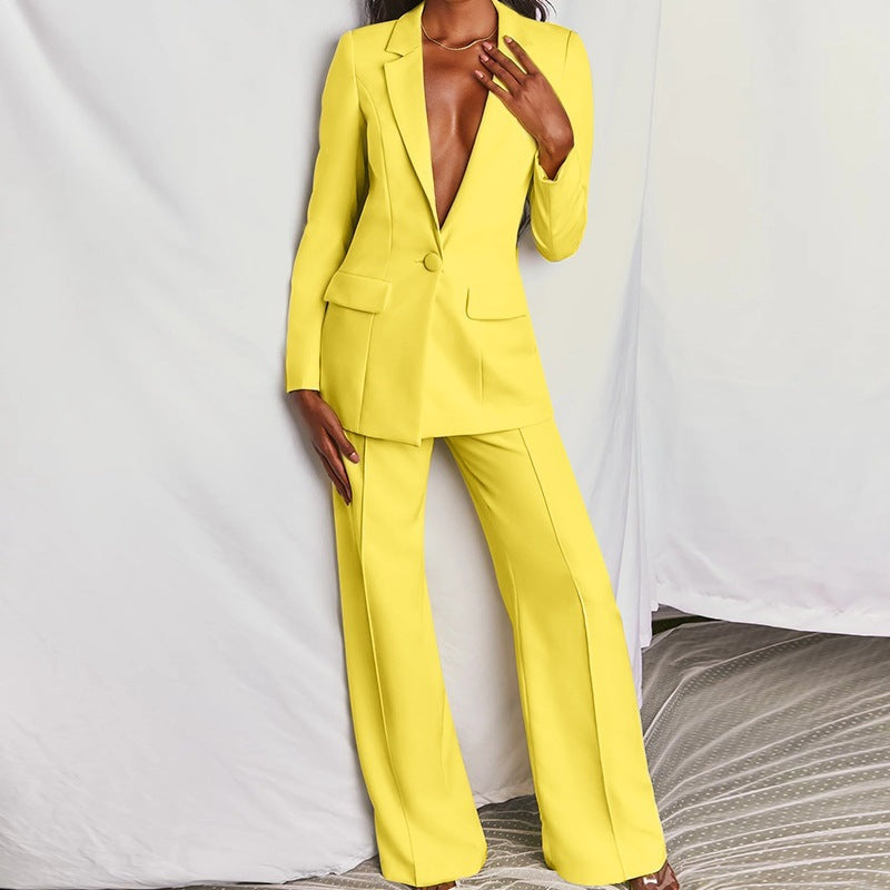 Damen nan taillierter Ein-Knopf-Blazer mit Pattentaschen und weiter Palazzo-Hose Hosenanzug EB