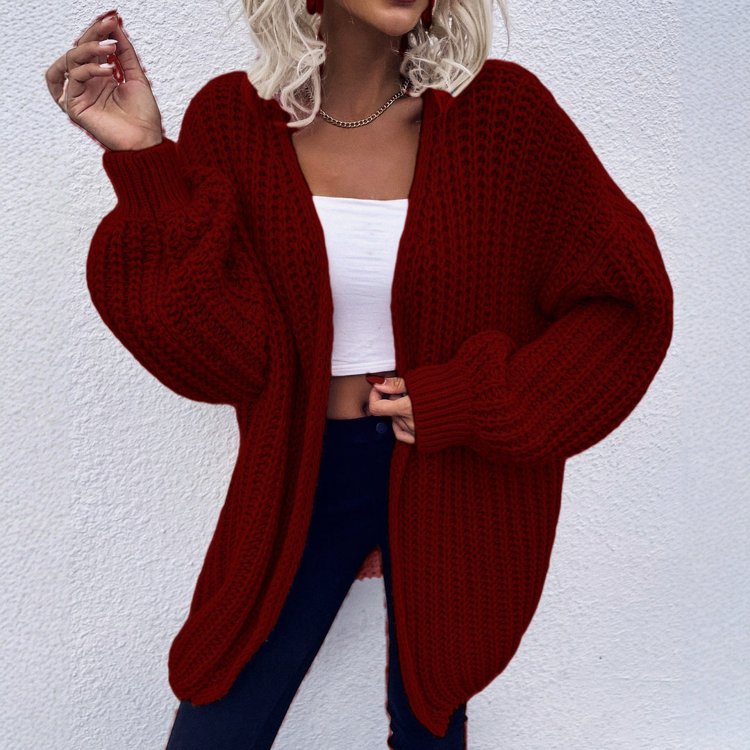 Damen lässiger Grobstrick-Cardigan mit tiefen Taschen und voluminösen Ärmeln EB