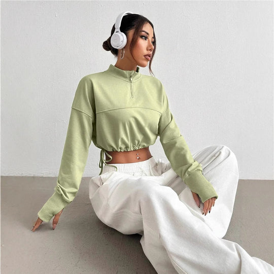 EB | Crop Pullover Baumwollmischung Bequeme Passform Reißverschlusskragen Ballonärmel