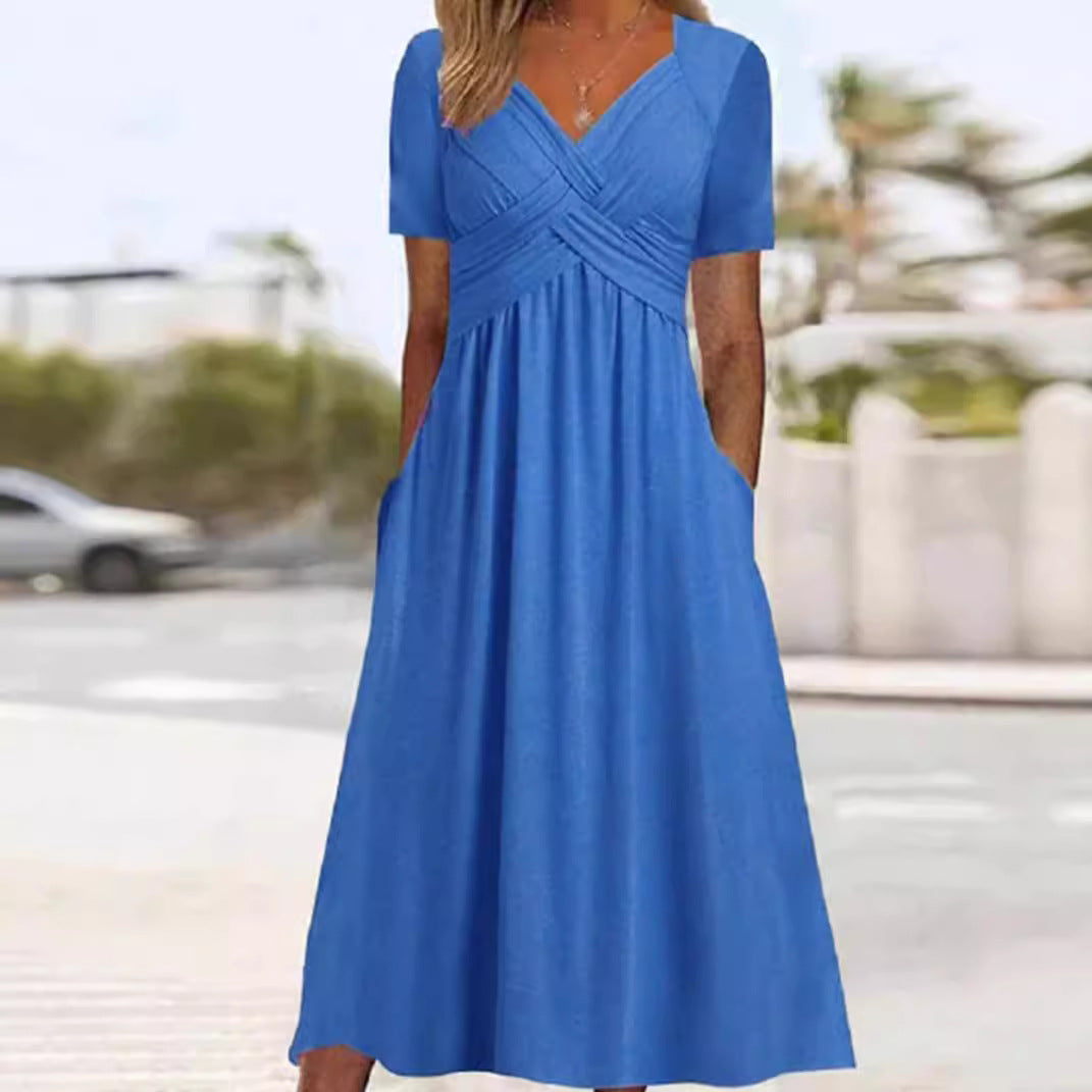 Damen nan luftiges V-Ausschnitt Midikleid mit überkreuzter Brustpartie, kurzen Ärmeln und Eingrifftaschen EB