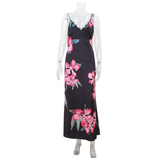 Damen Maxikleid mit floralem Seiden-Effekt und feinen Spaghettiträgern EB