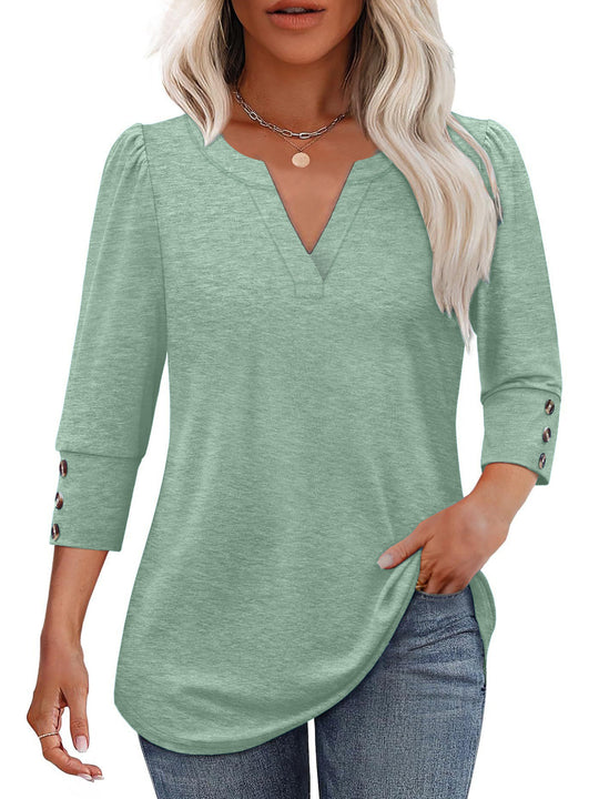 Damen V-Ausschnitt Bluse mit dekorativen Knopfdetails EB