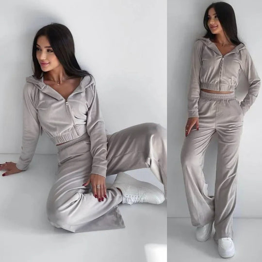 Damen kurz geschnittenes Samt-Lounge-Set mit tailliertem Zip-Hoodie und fließender Highwaist-Palazzohose EB