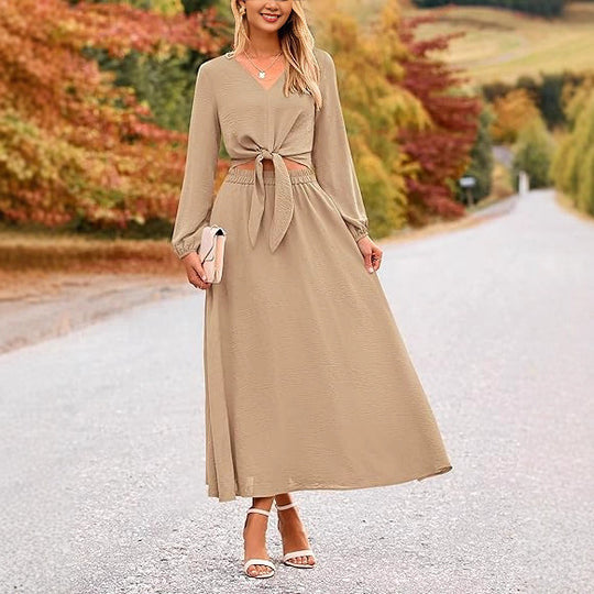 Damen Binde-Kleid mit langen Ärmeln und Rundhalsausschnitt EB