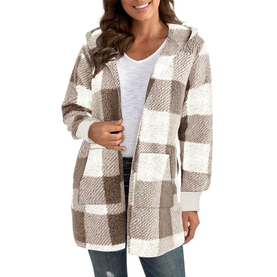 Damen Fleecejacke mit Karomuster und Kapuze EB