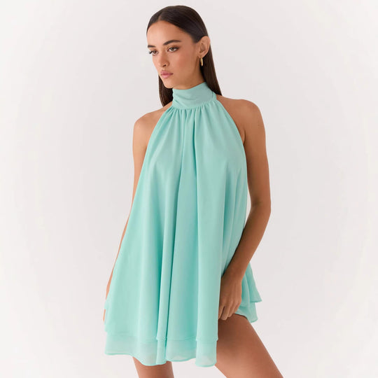 Damen elegantes Hochgeschlossenes Minikleid mit fließendem Stoff und verspieltem Volant EB